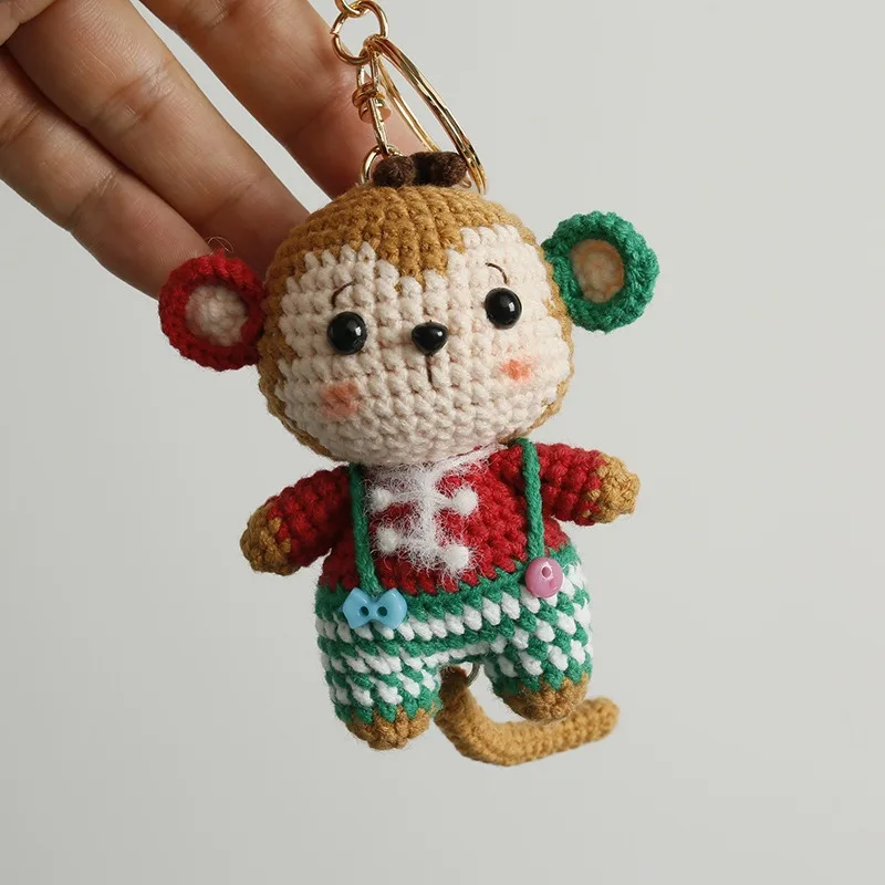 Handmade Charming Crochet Christmas monkey doll Keychain, Cute Handmade Plush Figure for Car and Bag
