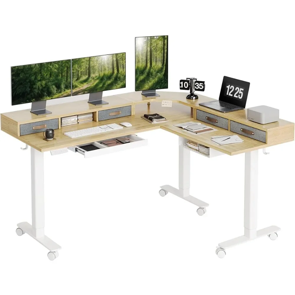 

Triple Motor L Shaped Standing Desk with Drawers, Bamboo Adjustable Corner Stand Up Desk, 63" Electric Standing Desk for Home