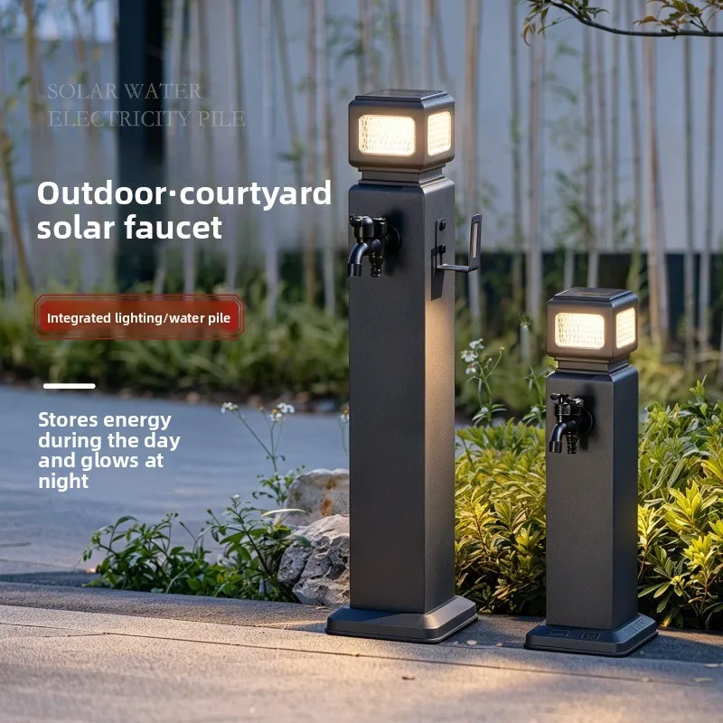 Solar Outdoor Pillar Water Faucet Freeze Proof for Garden Yard Watering Light Lamp Tap