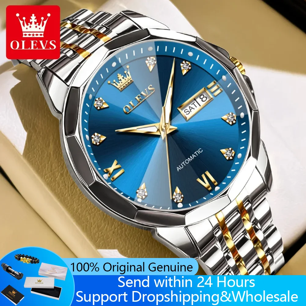 

Мужские часы OLEVS 9982, модные, с двойным календарем, механические, с ромбовидным зеркалом, роскошные, водонепроницаемые, светящиеся, наручные часы для торжественных случаев.