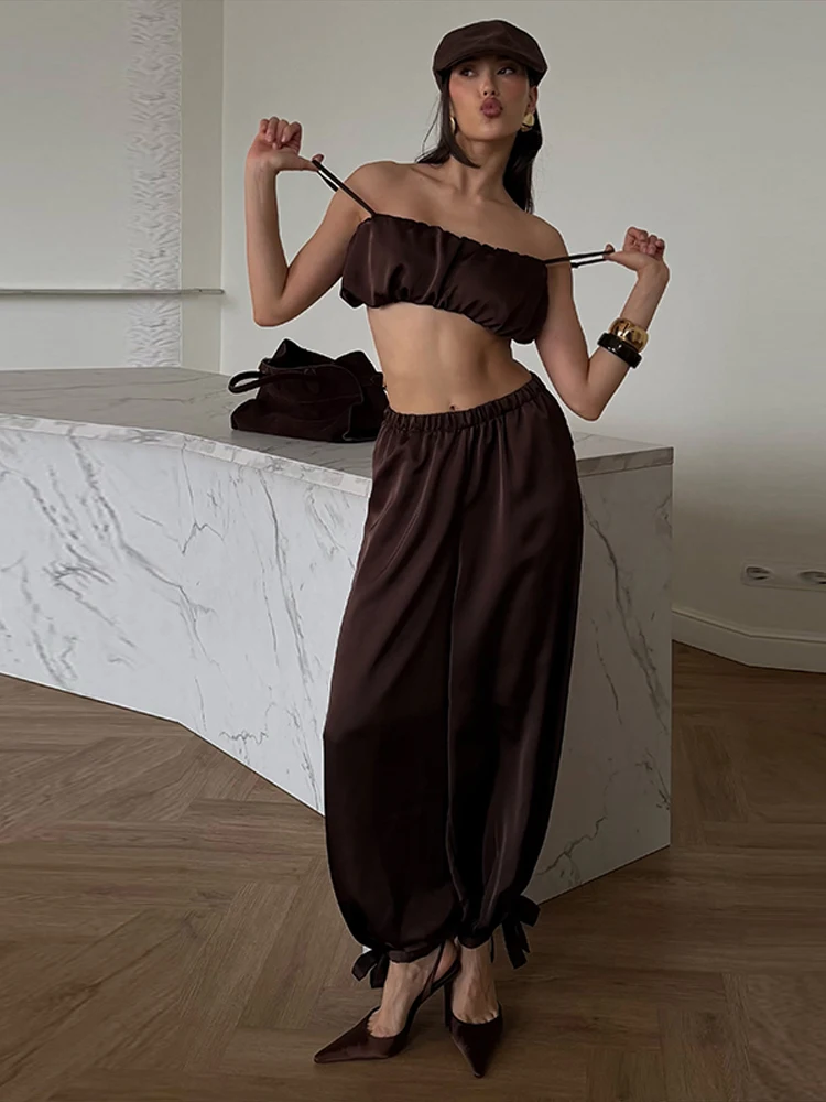 Plissierte kurze Tube-Tops, Hosenanzüge für Damen, sexy Spaghettiträger, ärmelloses, kurzes Top, elastische Taille, Schnürhose, neue Outfits – Detail 32