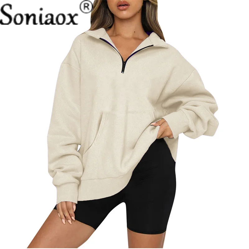 Kangaroo Bag Spliced Sweatshirt Women Autumn Winter Elegant Lapel Half-zip Pullover Long Sleeved Female Loose Commuter Warm Tops