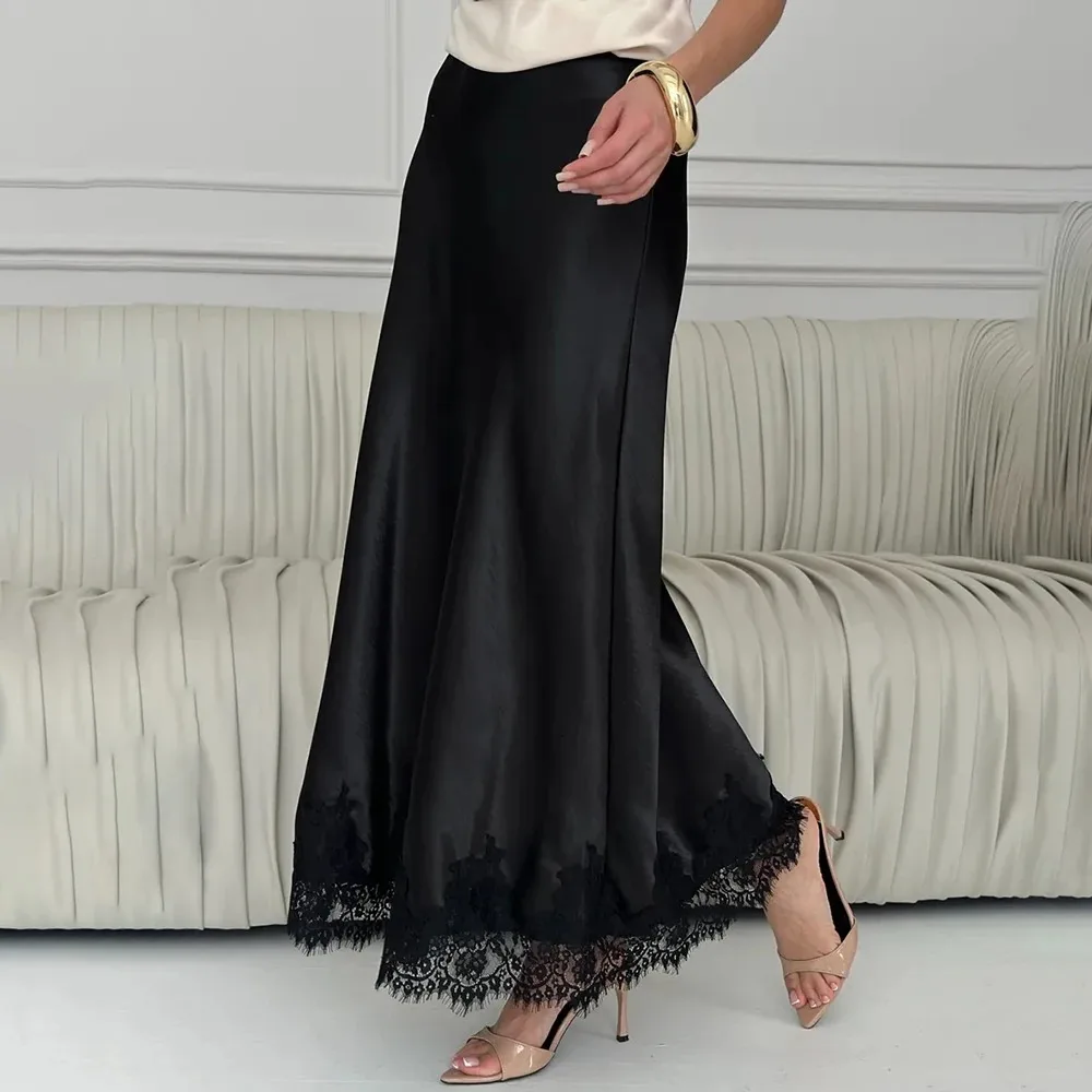 

Ticketsx Satin Long Half-length Skirt New Lace Patchwork High Waist Maxi Skirt Elegant Solid Party Clubwear Office Female Skirts
