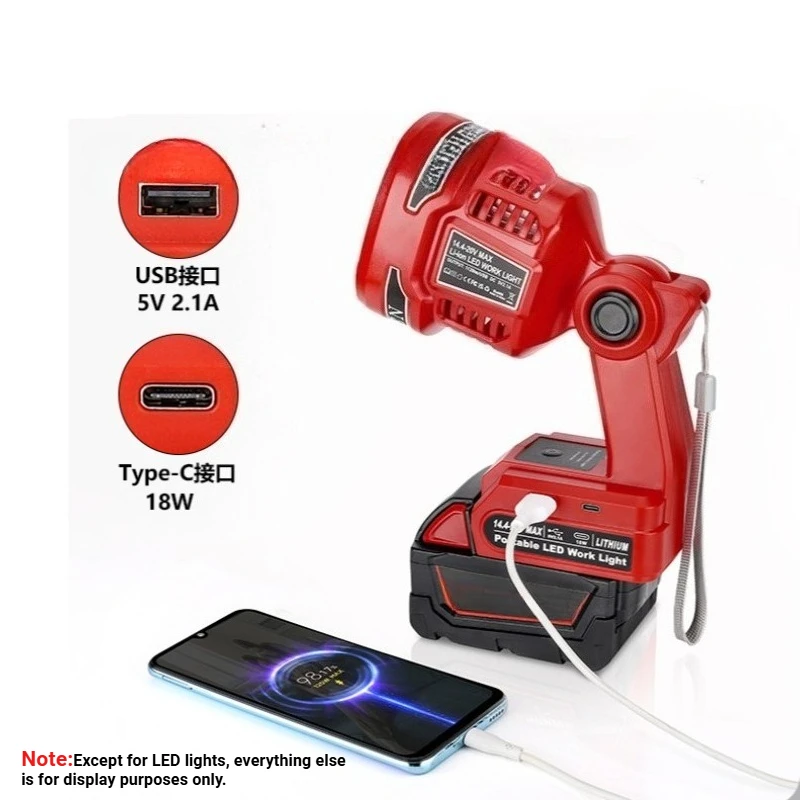 5PCS/Lot Portable LED Flashlight 1120LM for Ryobi 18V Battery with USB-A/C 2.1A Fast Charging Ports Floodlight  LED Work Light