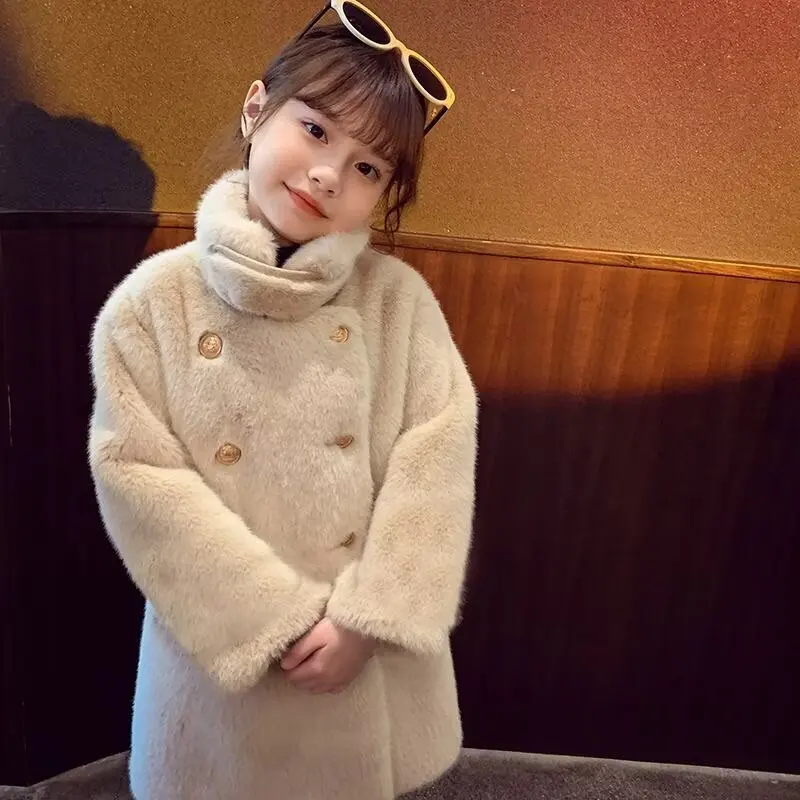 Imitation Mink Velvet Jackets Girls 2024 Autumn Winter New Loose White Casual Sweater Coat kids  Jacket