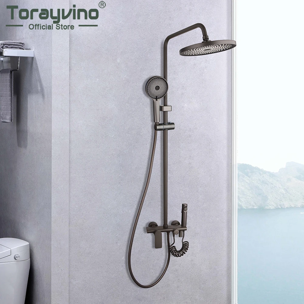 

Torayvino Gun Gray Shower System Bathroom Shower Wall Mounted Bath Faucet Rainfall Shower Head Mixer Water Tap Combo Kit