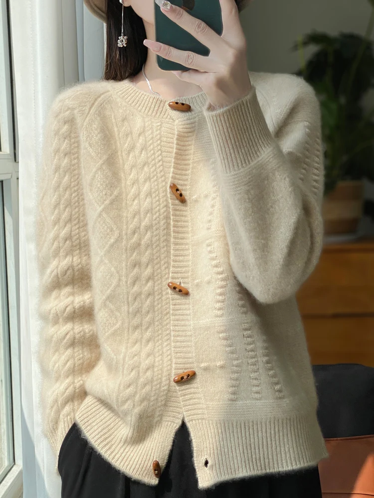 

Женский вязаный свитер из 100% мериносовой шерсти, модный повседневный кашемировый кардиган на пуговицах для весны и осени