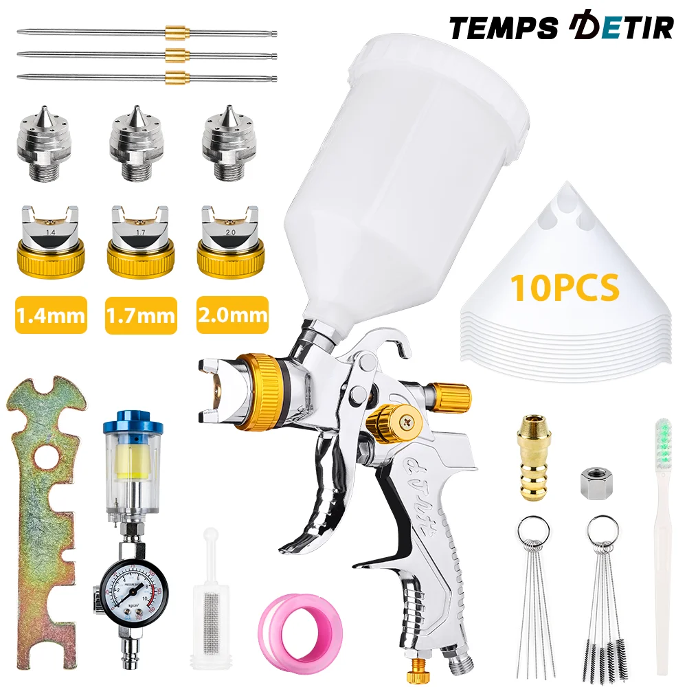 HVLP Spray Gun with 1.4/1.7/2.0mm Nozzle Set Regulator Filter Paper Painting Tool for Car Primer/Wall/Furniture Surface Spraying