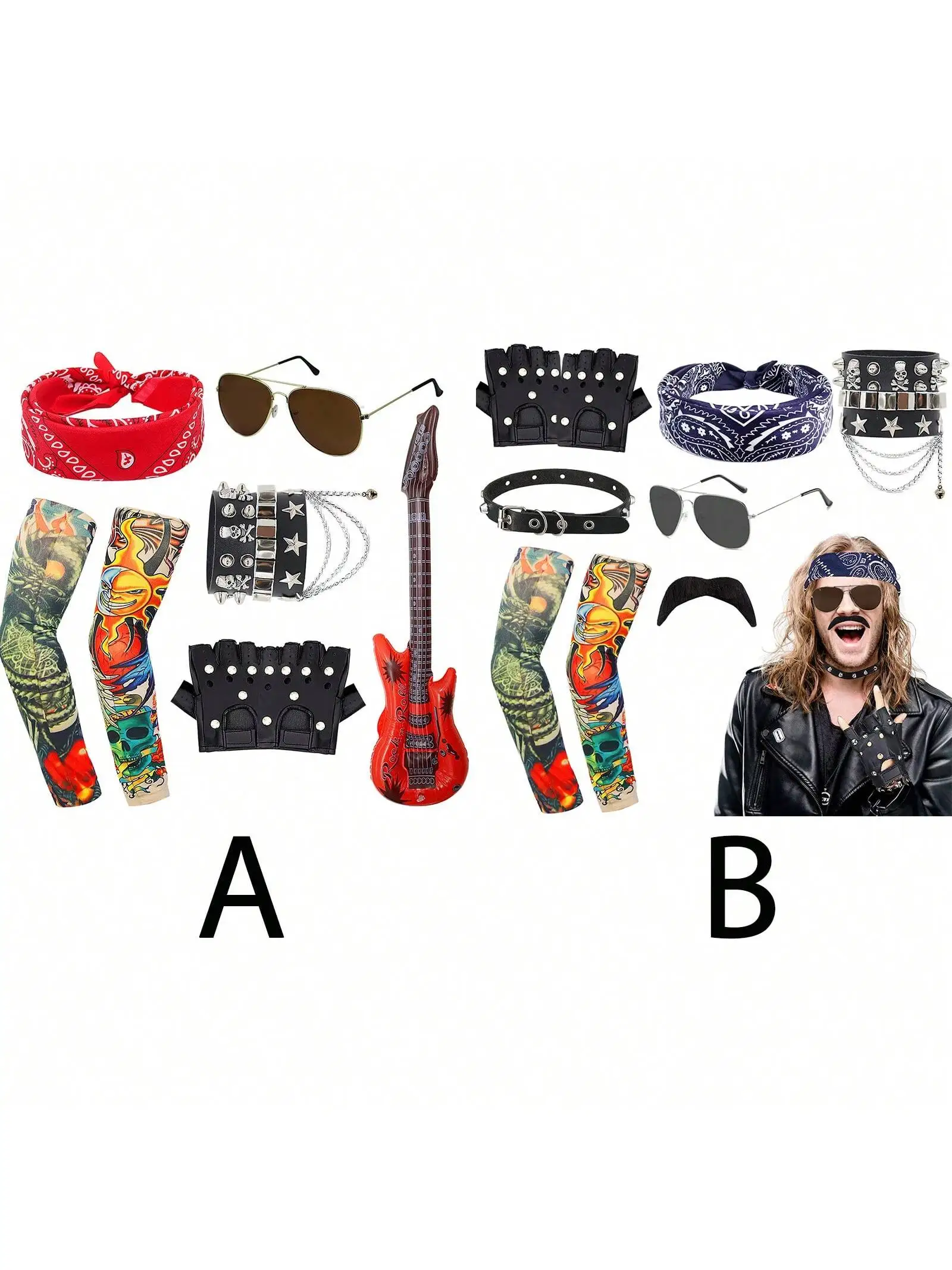 6 Pcs Punk Rocker Gothic Party Kit 80s 90s Inflatable Microphone and Guitar Sleeves Arm, Vintage Red Headband, Sunglasses