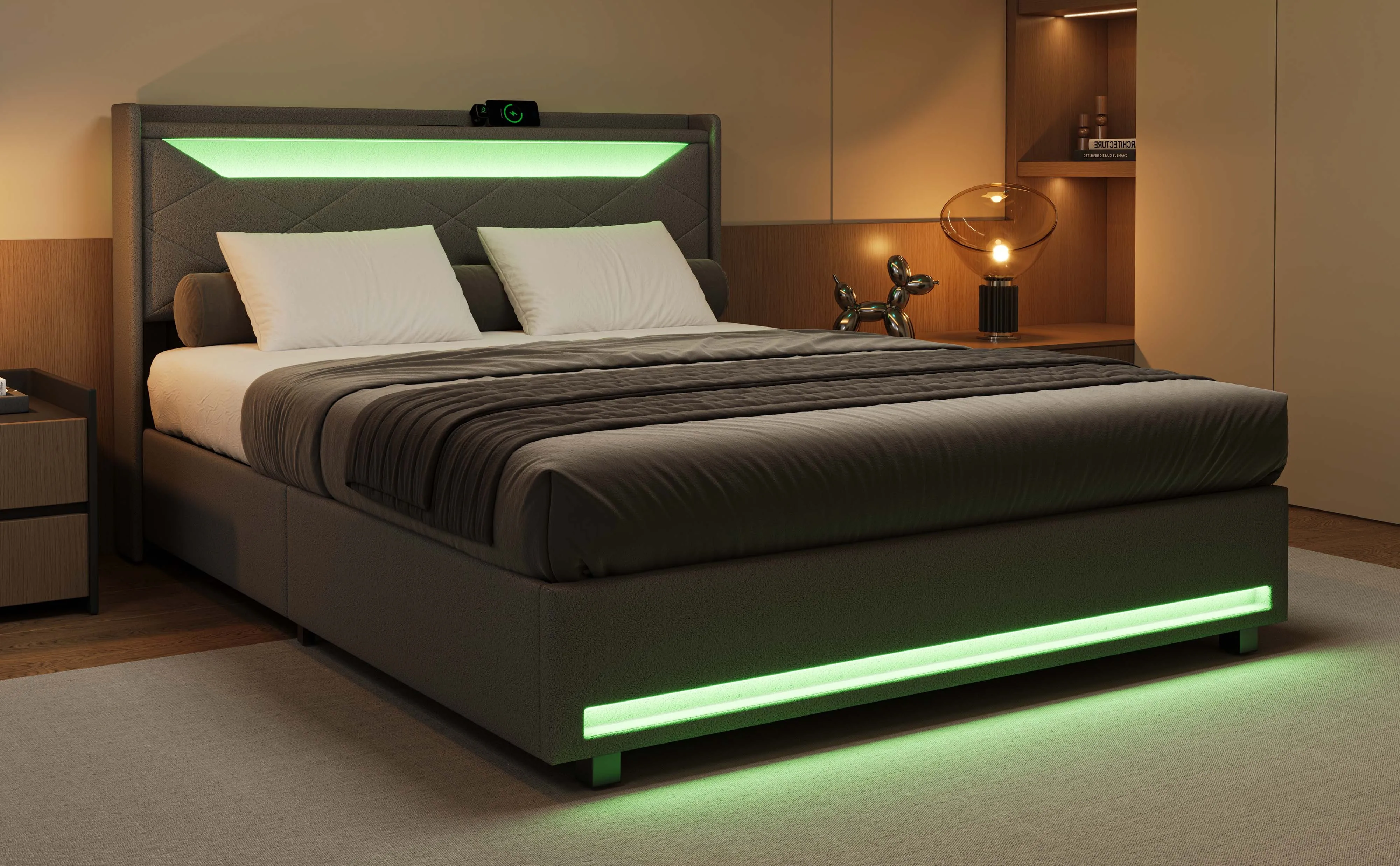 Comanlai Doppelbettgestell, 140x200cm, Graues Polsterbett mit LED-Beleuchtung und USB-Anschluss, Gasdruck-Stauraumbett, Bettgestell mit Stauraum – Detail 1