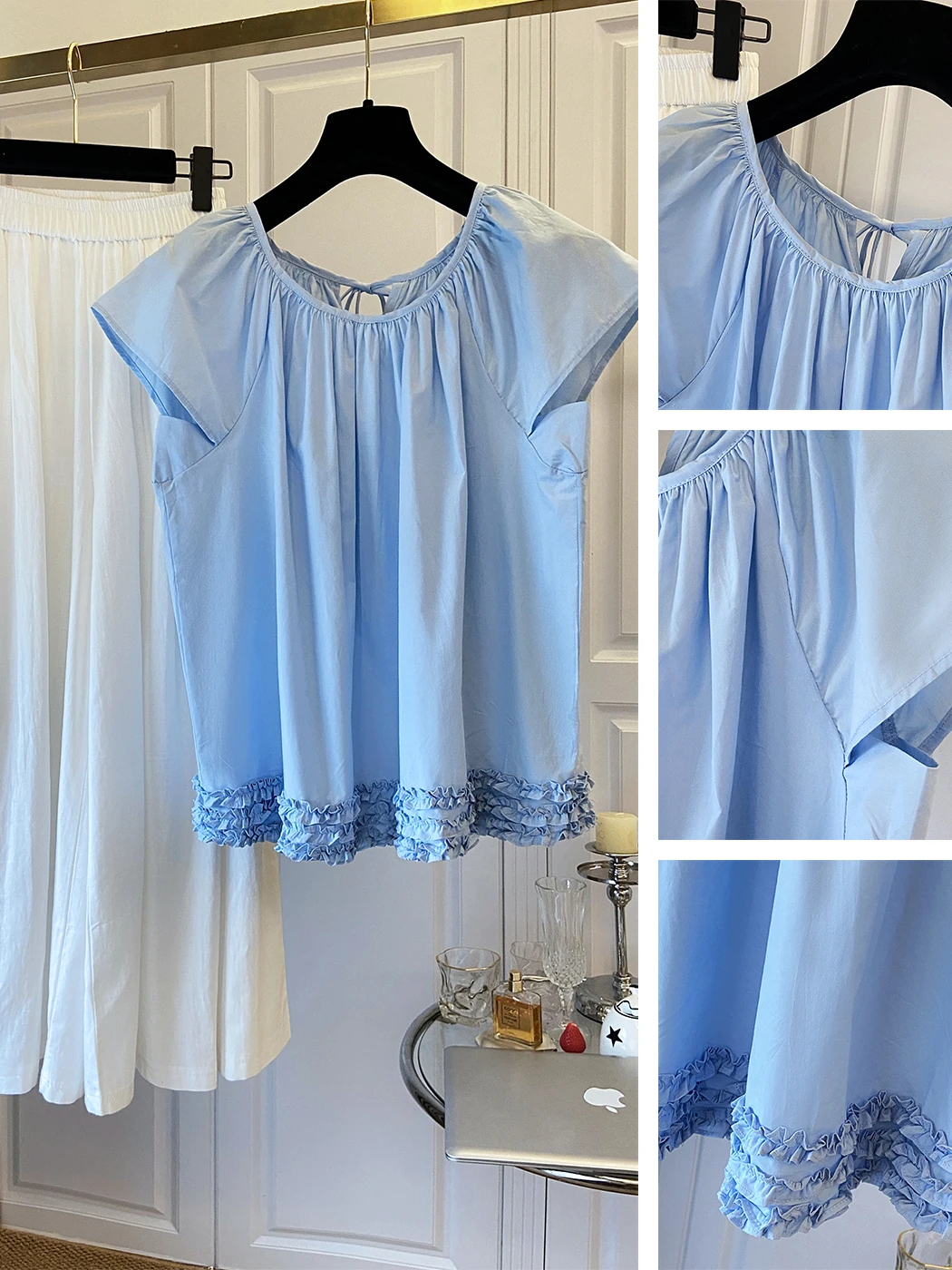 

White Design Sensation Small Flng Sve irt Women Summer Sweet Loose Slimming Top Korean Sle round Ne ort Sve