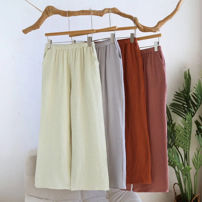 2026 Spring/Summer New Women's Sleeper Pants 100% Cotton Crepe Solid Color Comfortable Wide Leg Sleep Bottoms Thin Home Pants
