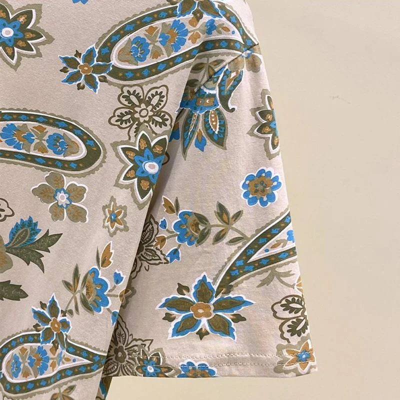 Beige Grau Blumendruck Vintage O-Ausschnitt Kurzarm T-Shirt Damen Bluse Shirt Damen Kleidung Tops Mode Blusen Sommer