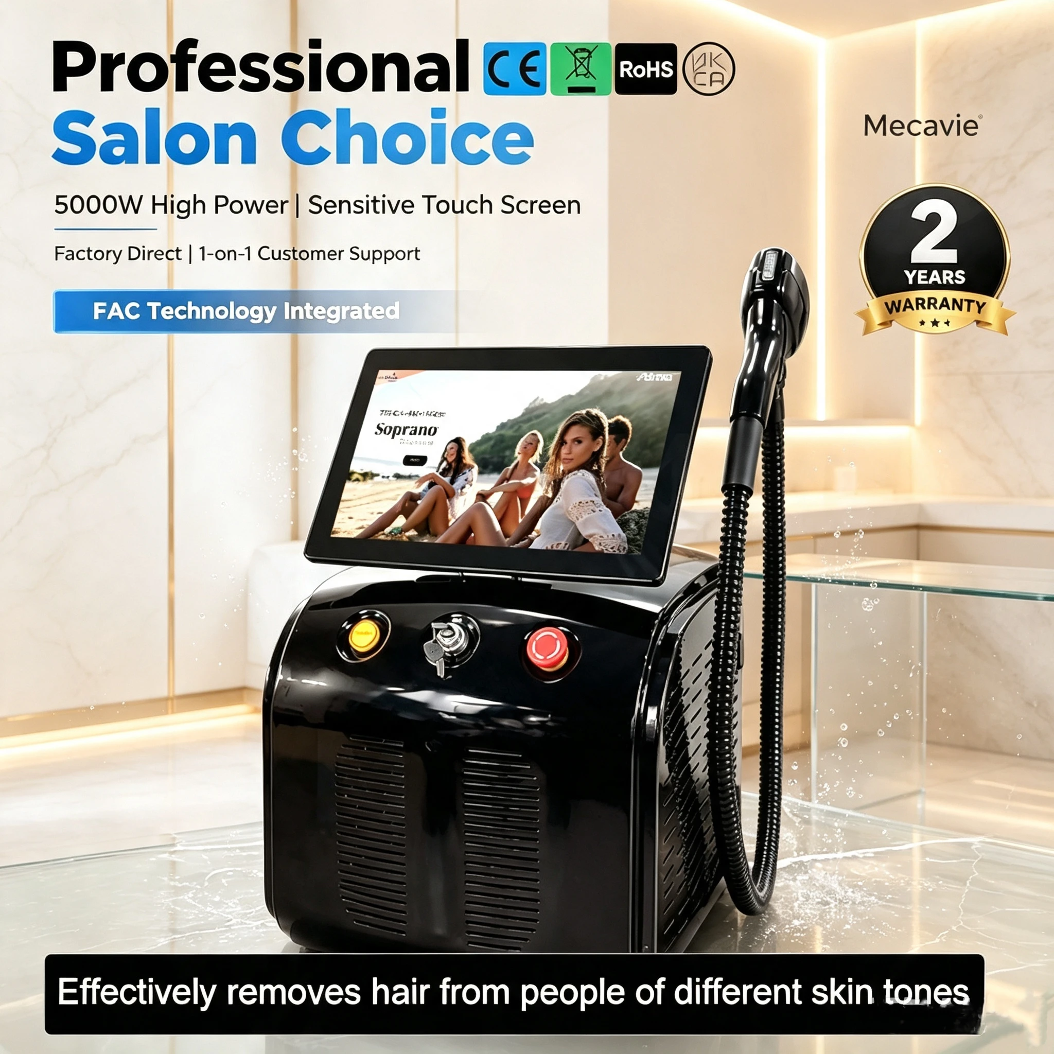 Mecavie 5000W 4‑Wavelength Diode Reduce‑Hair Machine,755Nm 808Nm 940Nm 1064Nm With FAC Energy‑Concentrated Tech,0‑5℃ Ice‑Cooling Handle,Multi‑Language System,Long‑Term Hair‑Reduction & Skin‑Smoothing Device For Beauty Salon And Esthetic‑Center