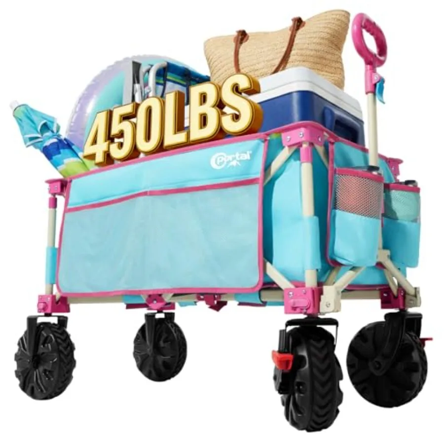 Heavy Duty Beach Wagon for Camping, Grocery, Sports: Steel Frame, Black, 450 LB Capacity, Large All-Terrain Wheels, Foldable De