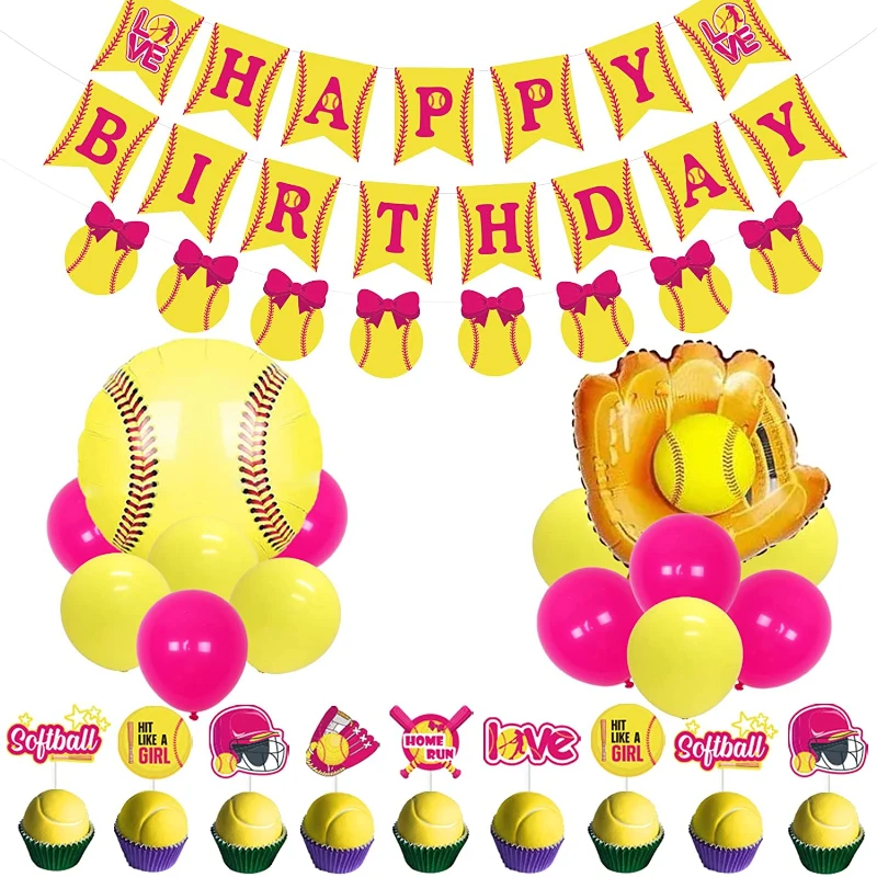 

Funmemoir Softball Birthday Decorations for Girls Softball Gloves Foil Balloon Birthday Banner Cake Topper Sports Party Supplies