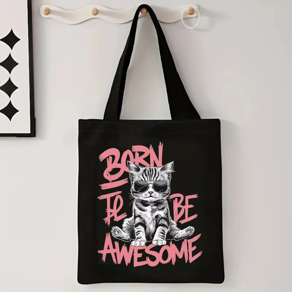 Smiling Cat I Love You Print Black Canvas Tote Bag Women Shoulder Bag Cute Pet Handbag for Cat Lovers