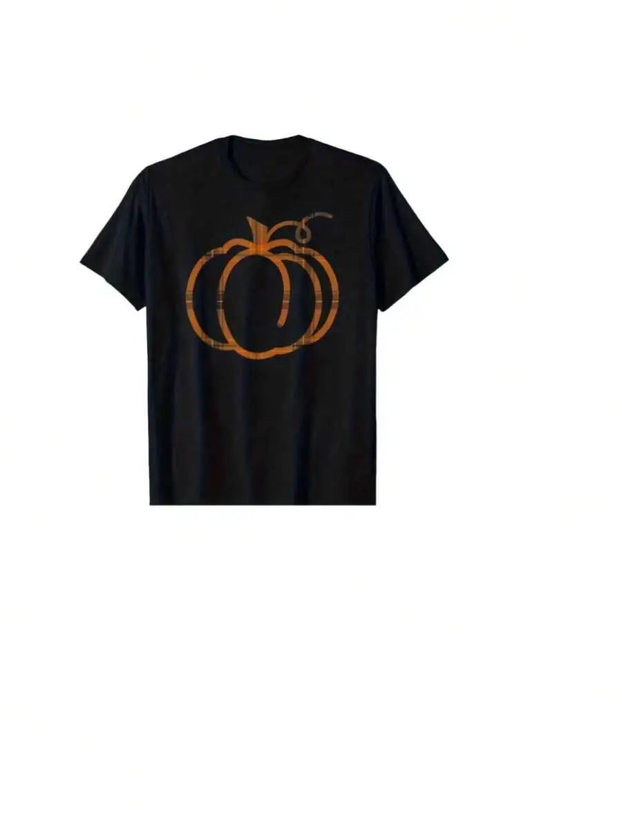 Unisex T Shirt Black Soft Plaid Pumpkin Graphic Print Top For Autumn Thanksgiving Holiday Parties 100% Cotton Trendy Y2K