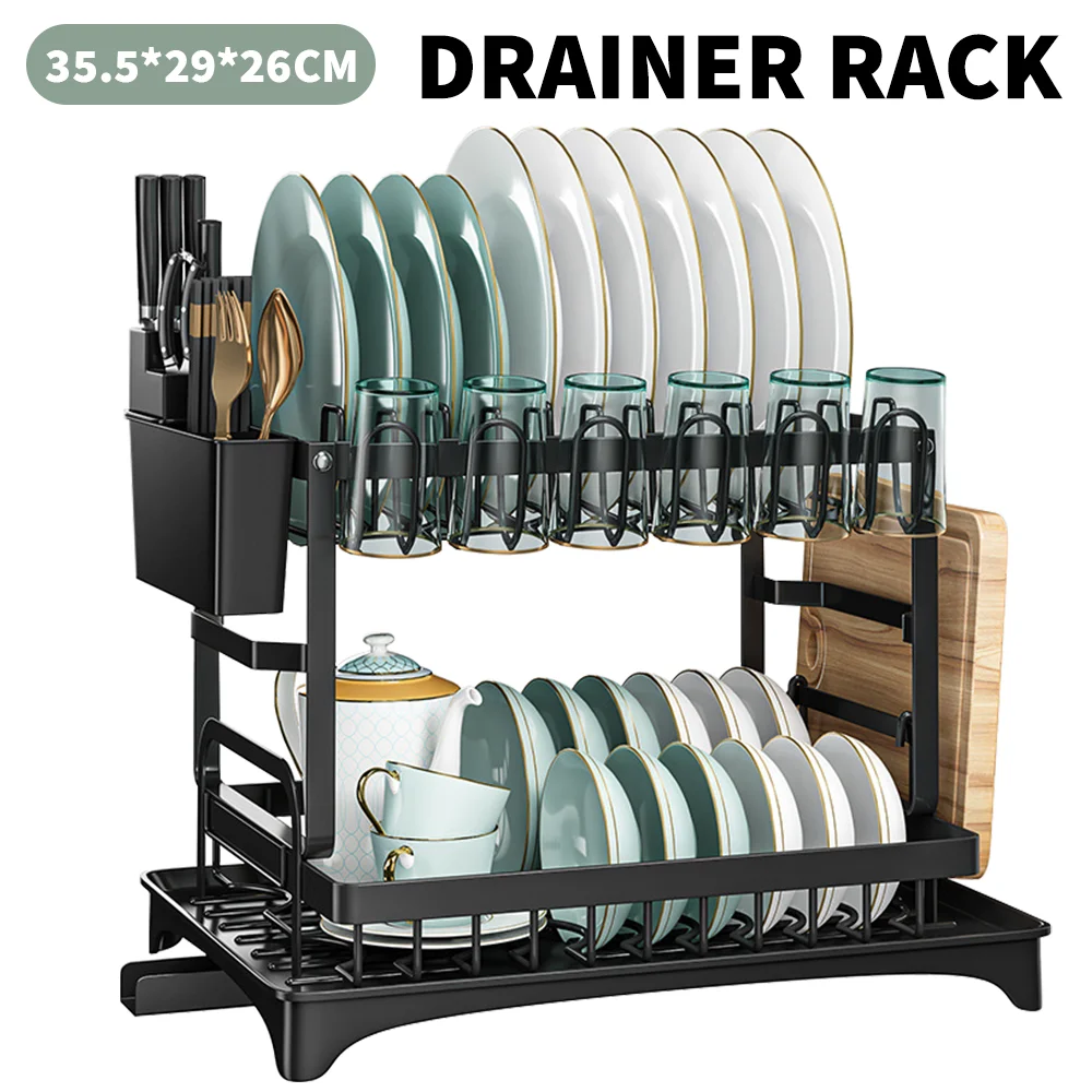 2-Tier Rust Proof Dish Drying Rack with Utensil Holder