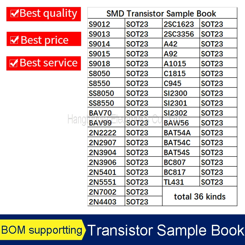 SMD Transistor Sample Book  commonly used  Assortment Kit Assorted J3Y 2TY S9012 S9013 36 kinds x25pcs New