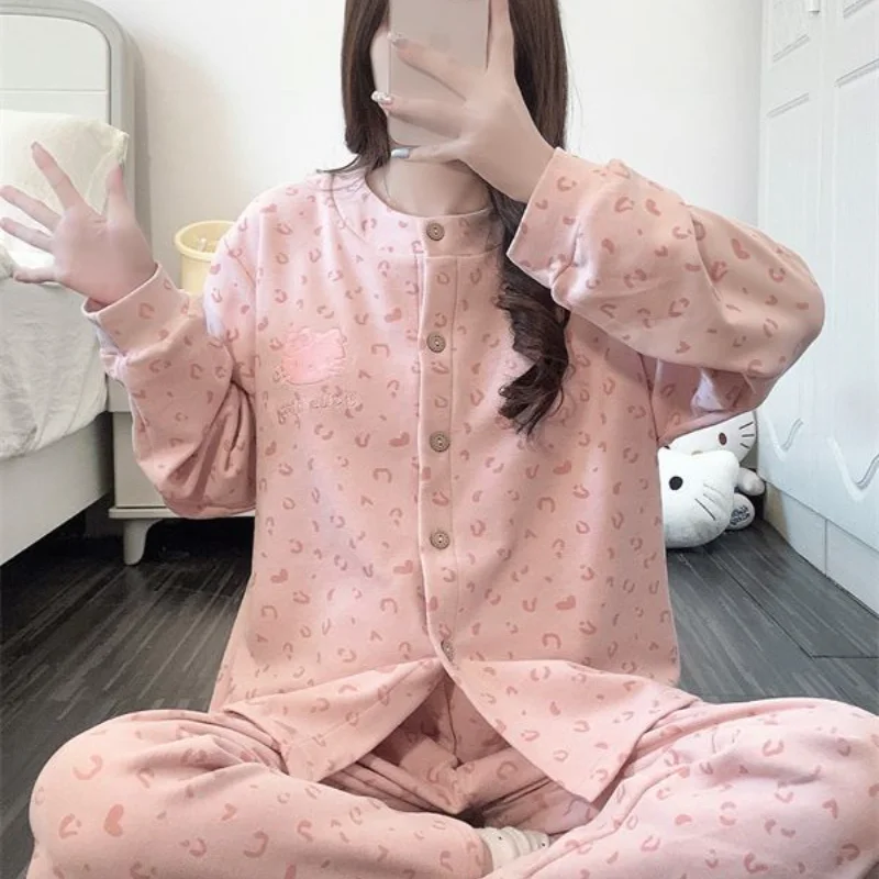 

Sanrio Hello Kitty Winter Warm Sleepwear Kawaii Cartoon Women's Pajamas Set Long-Sleeved Trouser Nightwear Student Home Suit New