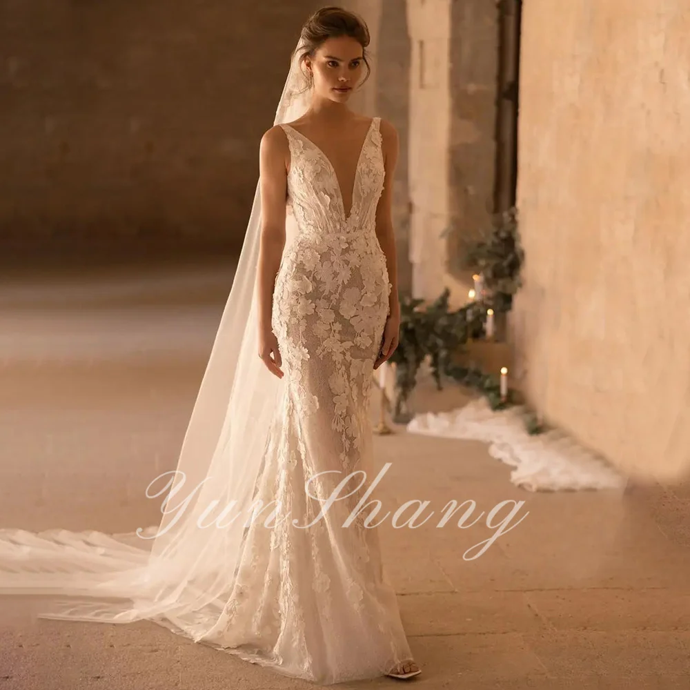 YunShang Sexy Mermaid V-neck Wedding Dress Lace Applique Long Train Bride Gown For WomenVestidos De Noiva