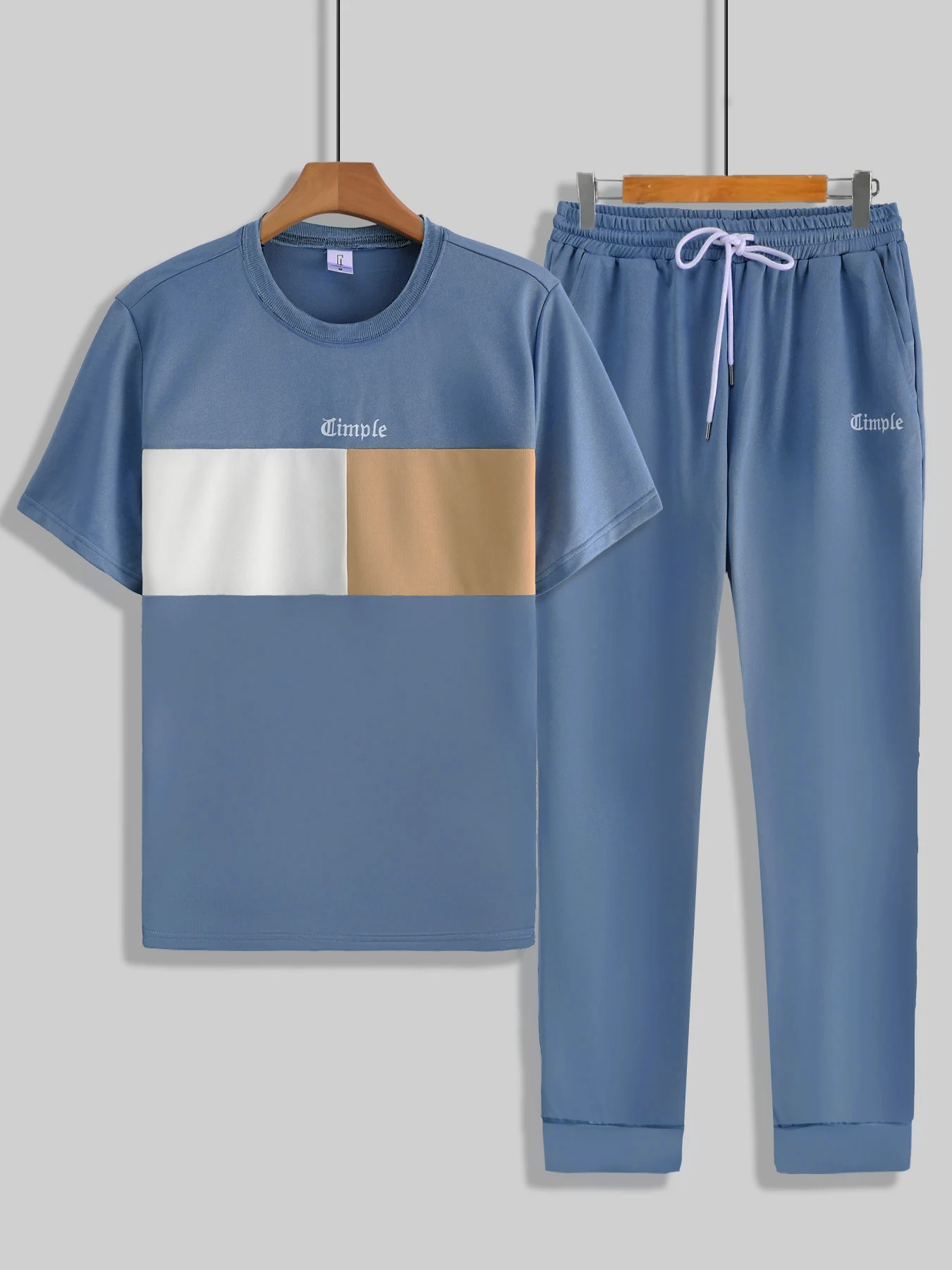 

Men's Color Block T-Shirt & Jogger Pants Two Piece Set, Casual Letter Print Tracksuit