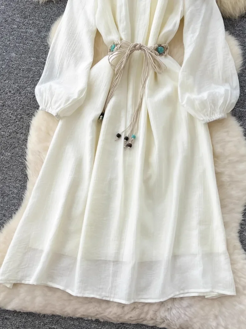 Nuovo abito da vacanza lungo da spiaggia sexy abito longuette da vacanza donna vintage allentato con spalle scoperte manica a lanterna abito da fata a vita