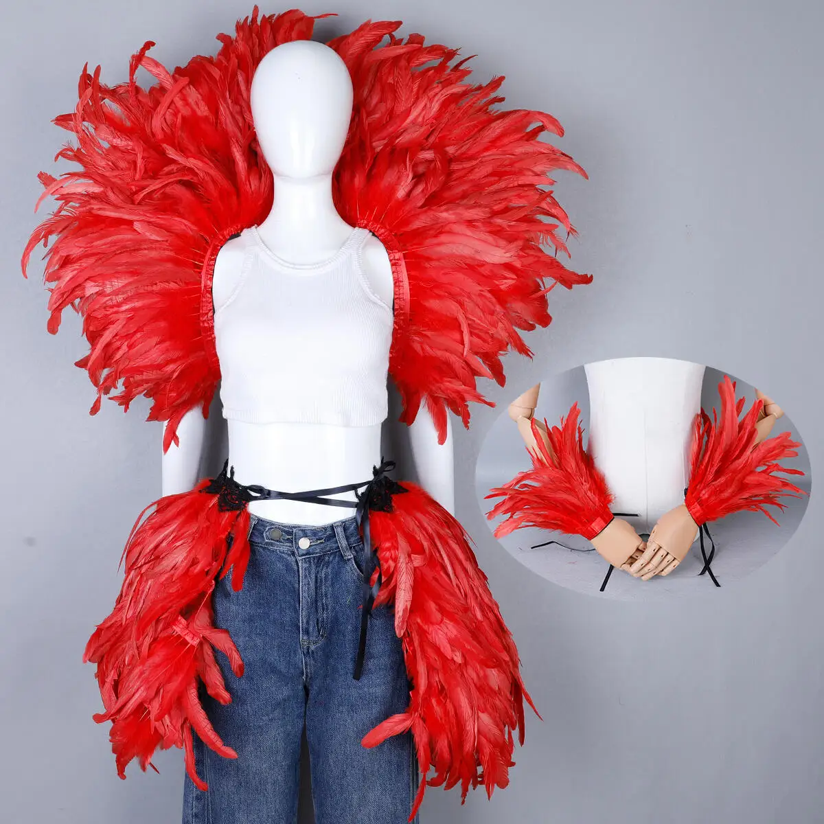 Gothic Karneval 3-teiliges Set Maskerade Gefiederter Kragen Brautschal Halloween Kostümzubehör für Damen Mode Cosplay Hexe – Detail 14