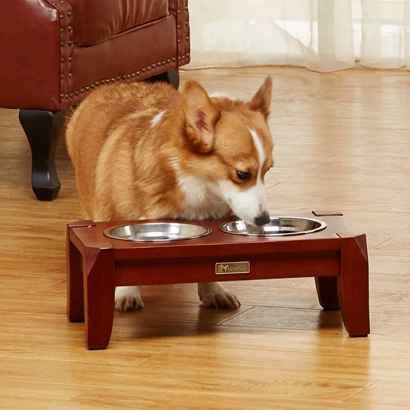 

Solid wood pet table bowl, anti-overturning high-foot bowl holder, high neck protection stainless steel rice bowl