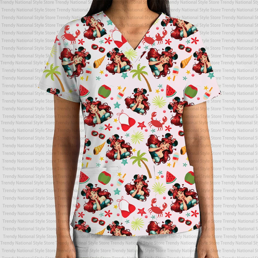 New Women's High Quality Disney Cartoon Mermaid Print Work Uniform V-Neck Pocket Scrub Top Dental Pet Shop Versatile T-Shirt