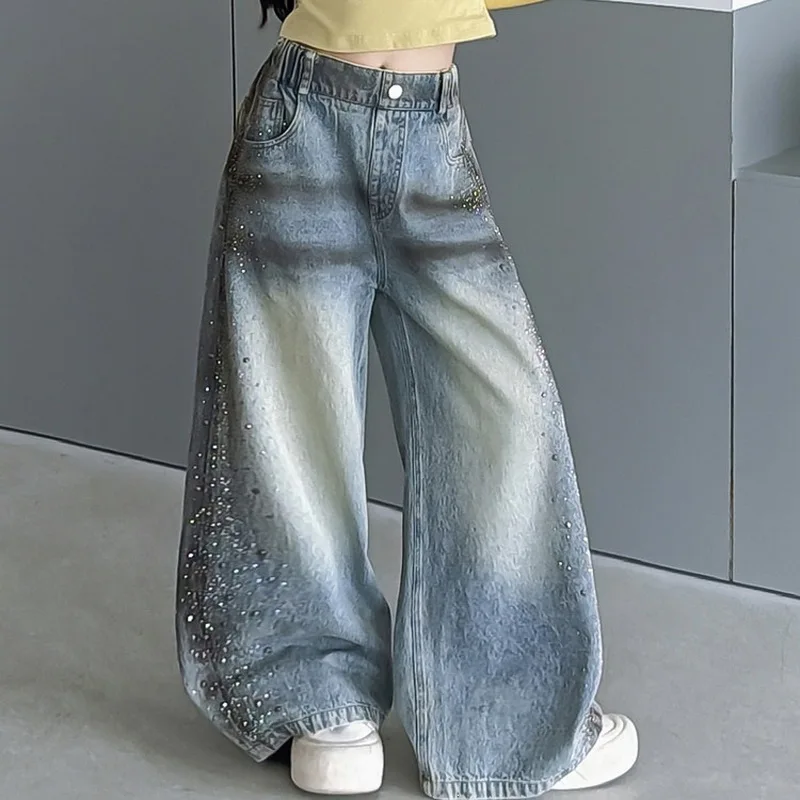 Girls' American Retro Rhinestone Jeans Kids Straight Denims Pants Stretch Children's High Waist Washed Streetwear Trousers