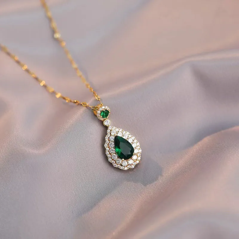 Temperament Water Drop Emerald Pendant Necklace for Women Charm Gold Color Stainless Steel Zircon Choker Ring Bride Jewelry Set