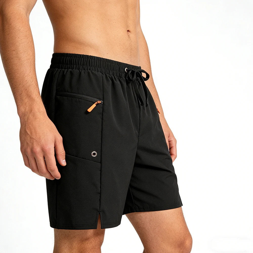 شورت رياضي كاجوال أسود صيفي للرجال، قماش سريع الجفاف، جيب جانبي بسحاب، متعدد الاستخدامات للجري واللياقة البدنية والمشي لمسافات طويلة