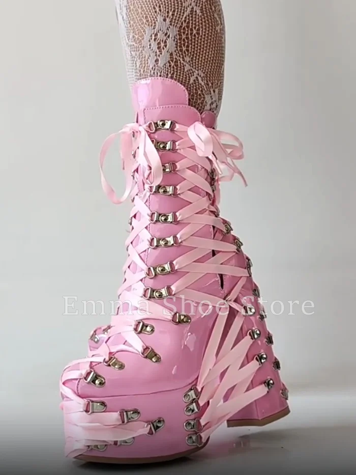 

Punk Pink Ribbon Patent Leather Platform Boots Metal Studs Cross Straps Lolita Ankle Boots Women's Party Wear Thick Sole Shoes