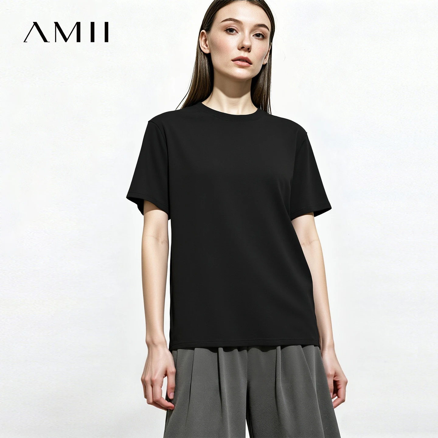 Amii T-shirts For Women 2026 Summer New Casual Basic Round Neck Short Sleeve Tee Versatile Loose Cotton Elastic Tops 12642117