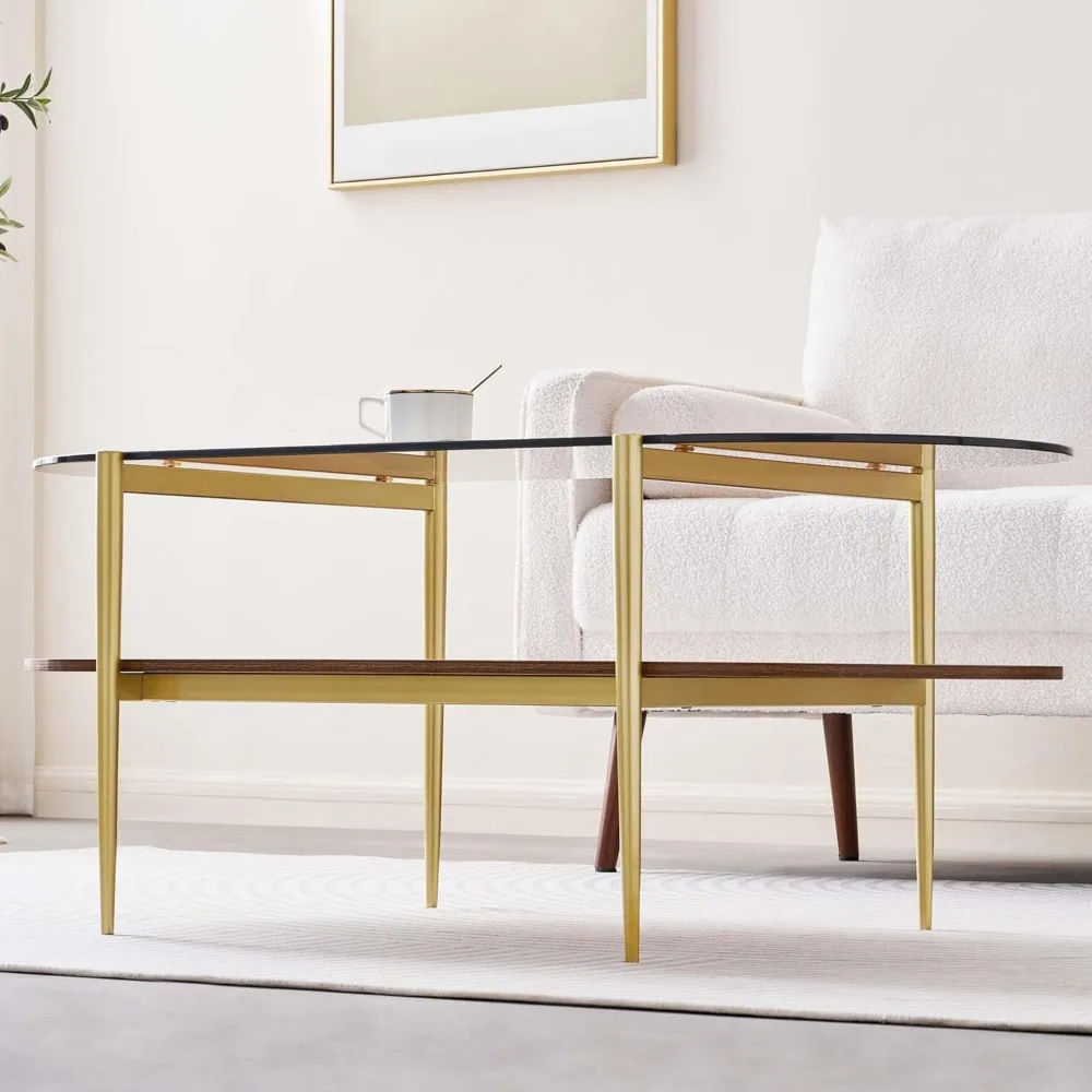 Mid-Century Oval Glass Coffee Table with Amber Top, 2-Tier Living Room Furniture, 41L x 21W x 17H