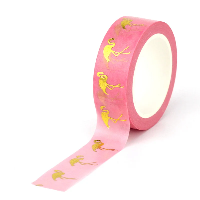 

#F261 NEW 1PC 10M Decor Gold Foil Pink Flamingo Adhesive Masking Washi Tape Journaling Cute Stationery School Supplies