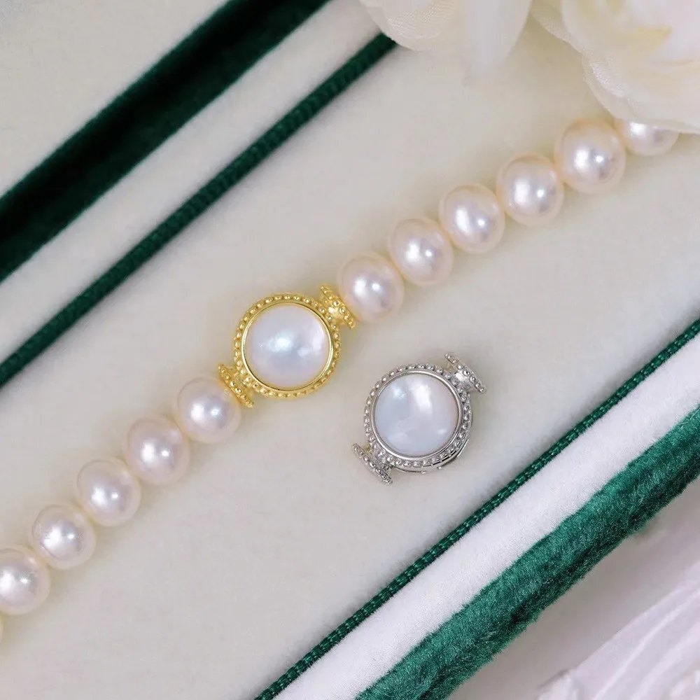 

DIY Pearl Accessories S925 Sterling Silver Single Row Pearl Necklace Buckle Accessories Gold and Silver Bracelet Beaded Buckle