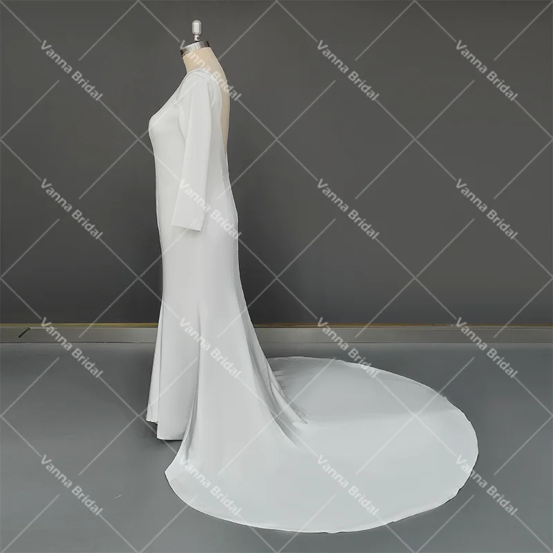 Vestido de novia sencillo de sirena, prenda de novia con mangas largas ajustadas y Espalda descubierta, con botones de marfil