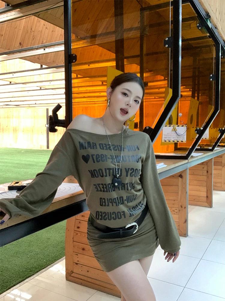 

Spring New plus Size Women Korean Sle Street Faion Printed Asymmetrical oulder Dr Bodycon Skirt A-Line Silhouette