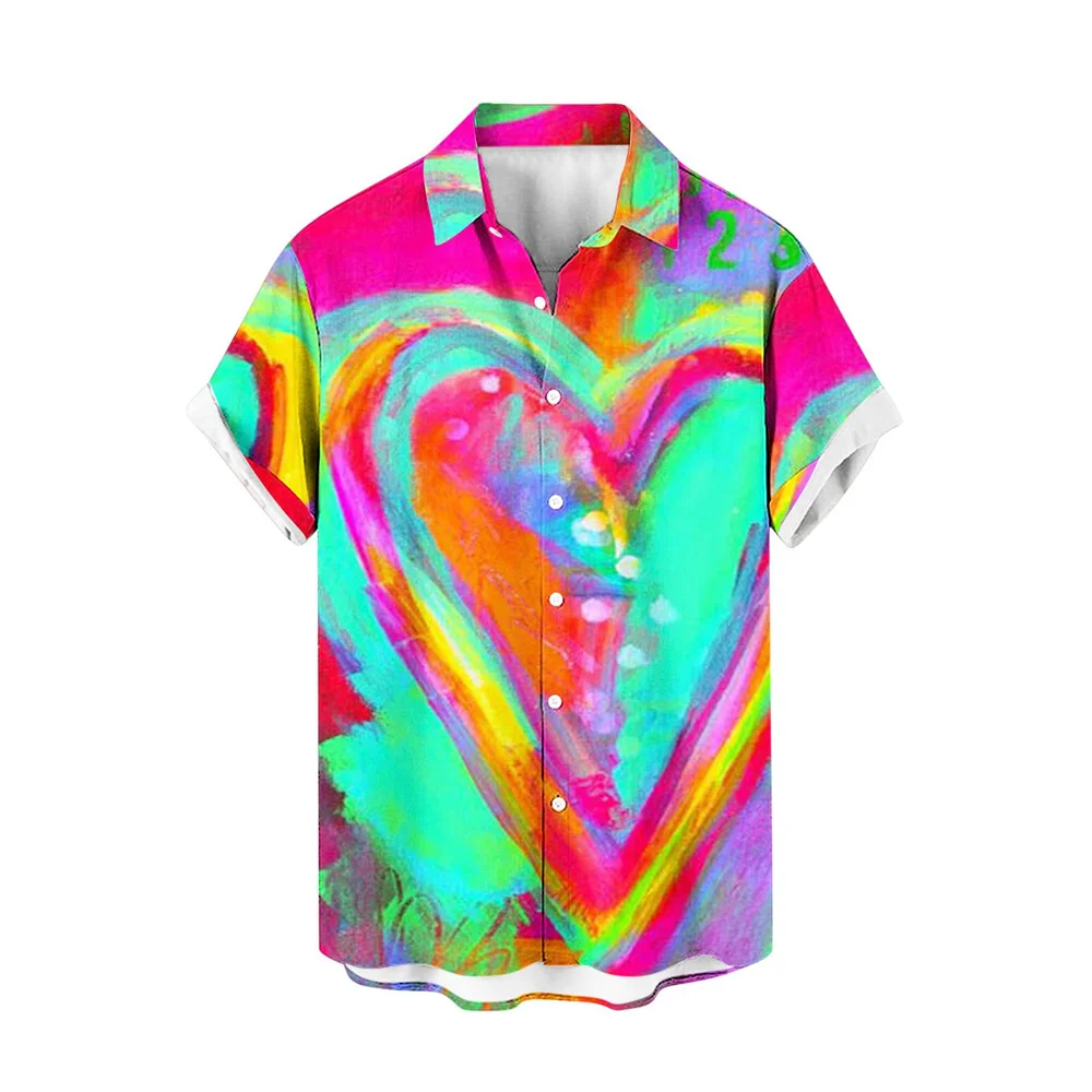 

Men's Shirt Colorful Heart 3D Printed Lapel Button Shirt Outdoor Street Short Sleeve Clothing Fashion Designer Casual Soft 5XL