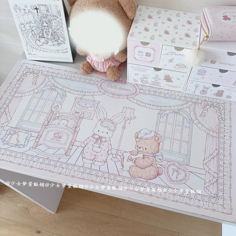 Dreamy Goodnight Cartoon Bunny Bear Pink XXL Desk Mat Original Cute Design Office Study Mouse Pad Waterproof Non-Slip Thick Base
