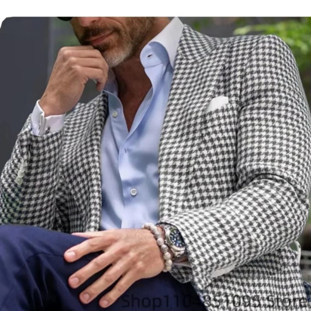 Rosa Houndstooth Terno Jaqueta De Lã Business Blazer Unique Top Breasted Slim Fit Check Wedding Suit Ternos