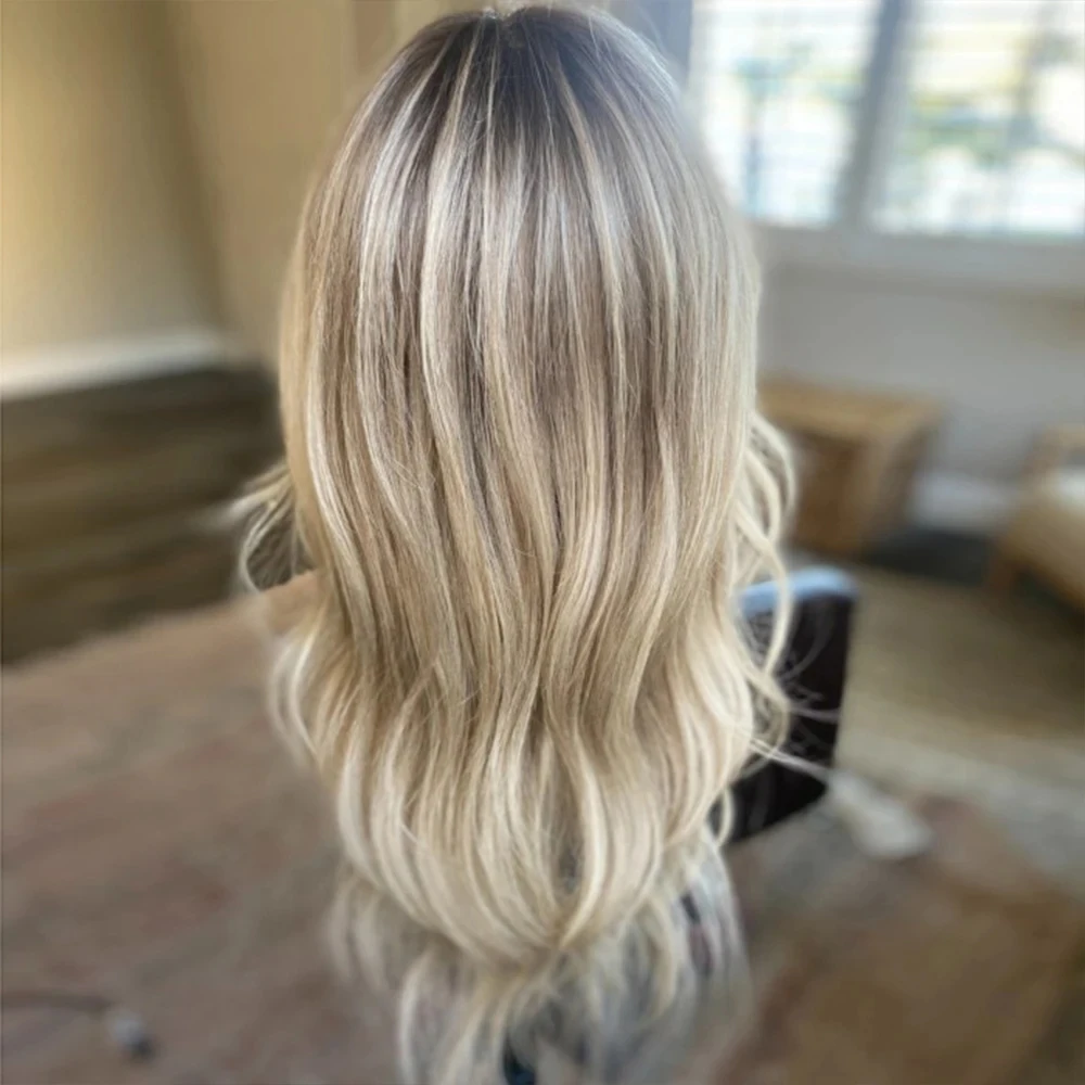 QW Ash Blonde Highlights Ombre Color Glueless Synthetic Hair Wigs for Women Lace Frontal Wig Roots Loose Wave Wig PrePlucked