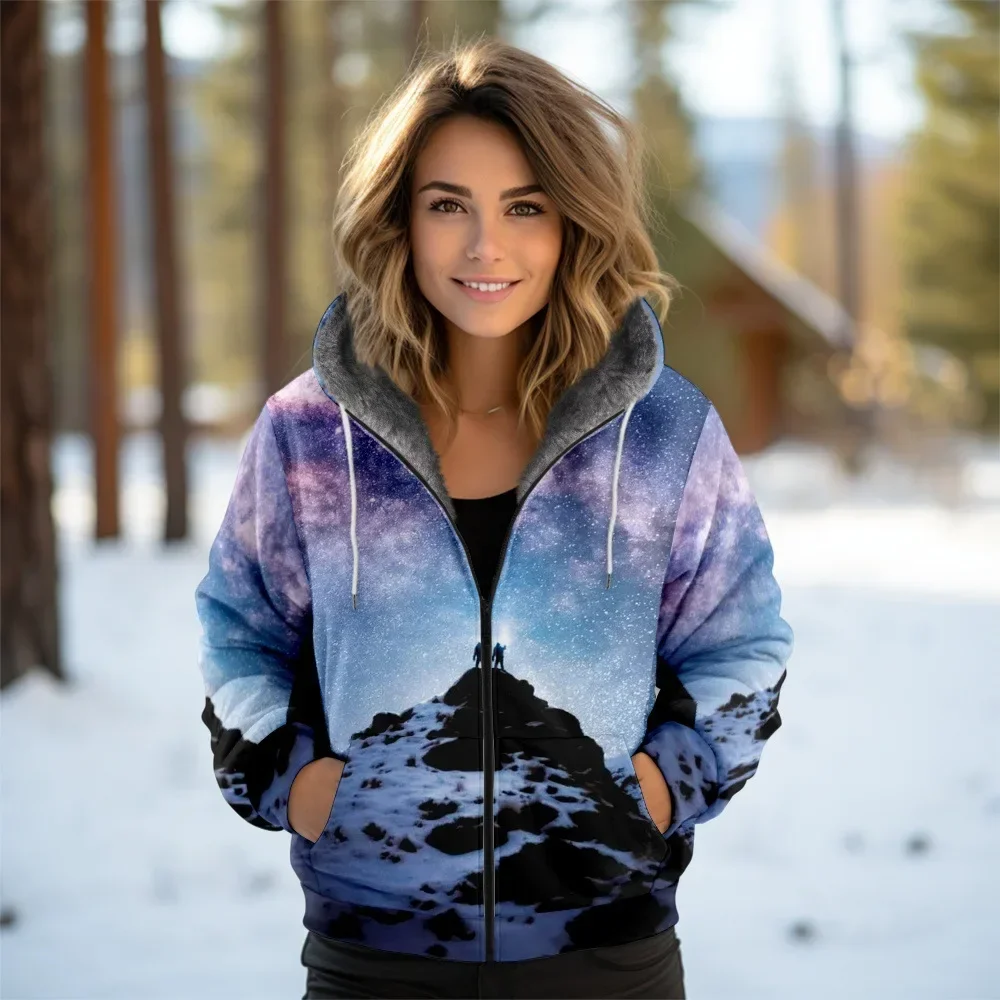 

Aurora Print Women's Sherpa-Lined Fleece Full-Zip Hooded Jacket Colorful Galaxy Casual Coats Hipster Winter Warm Thick Outerwear