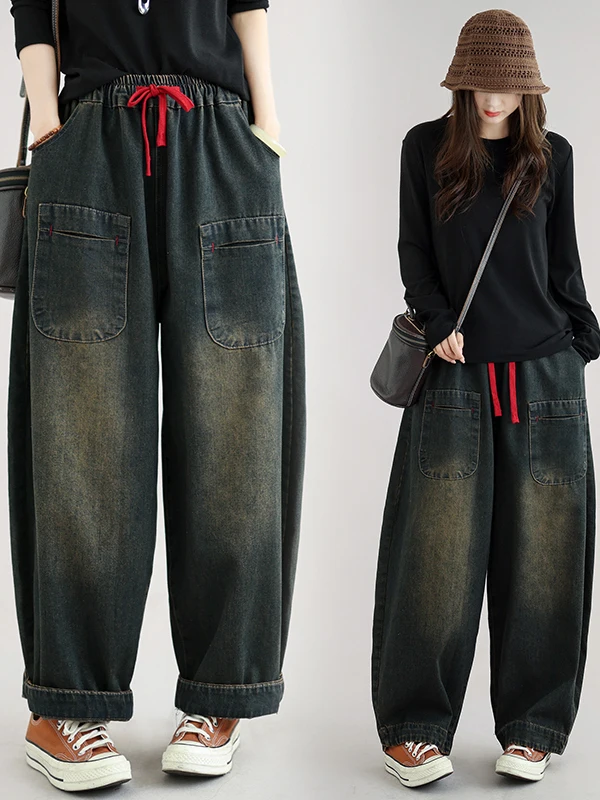 Retro Washed Large Size Jeans Women's Loose Fit Casual Style Faded Blue Denim Pants Autumn Season Comfortable Loose Cabbage P...