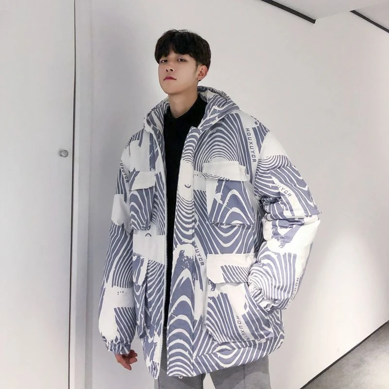 معطف شتوي من القطن فضفاض للزوجين مبطن بالقطن مع طباعة بورسلين أزرق وأبيض ملابس خارجية عصرية للرجال والنساء #2