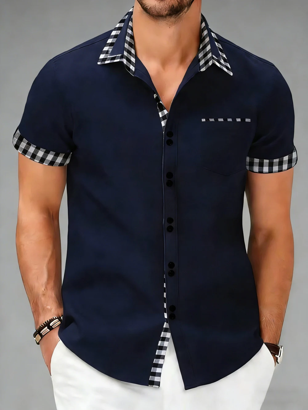 Men's Colorful Casual Short-Sleeved Shirt HD Cuff Collar Edge Striped Edge 3D Printed Shirt Business Social Men's Fast Delivery