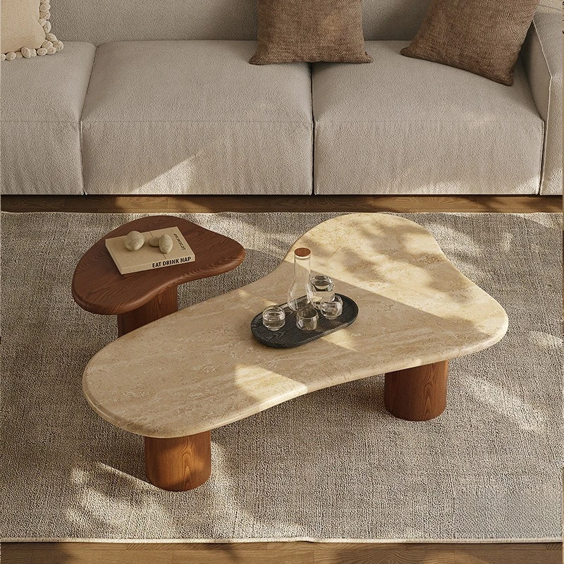 Wabi-sabi style natural travertine coffee table side table combo small apartment living room home solid wood homestay hotel
